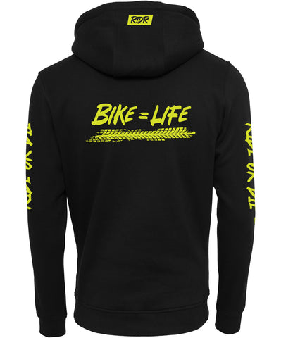 RIDR Apparel Custom Hoodie Bike = Life Fluor Yellow